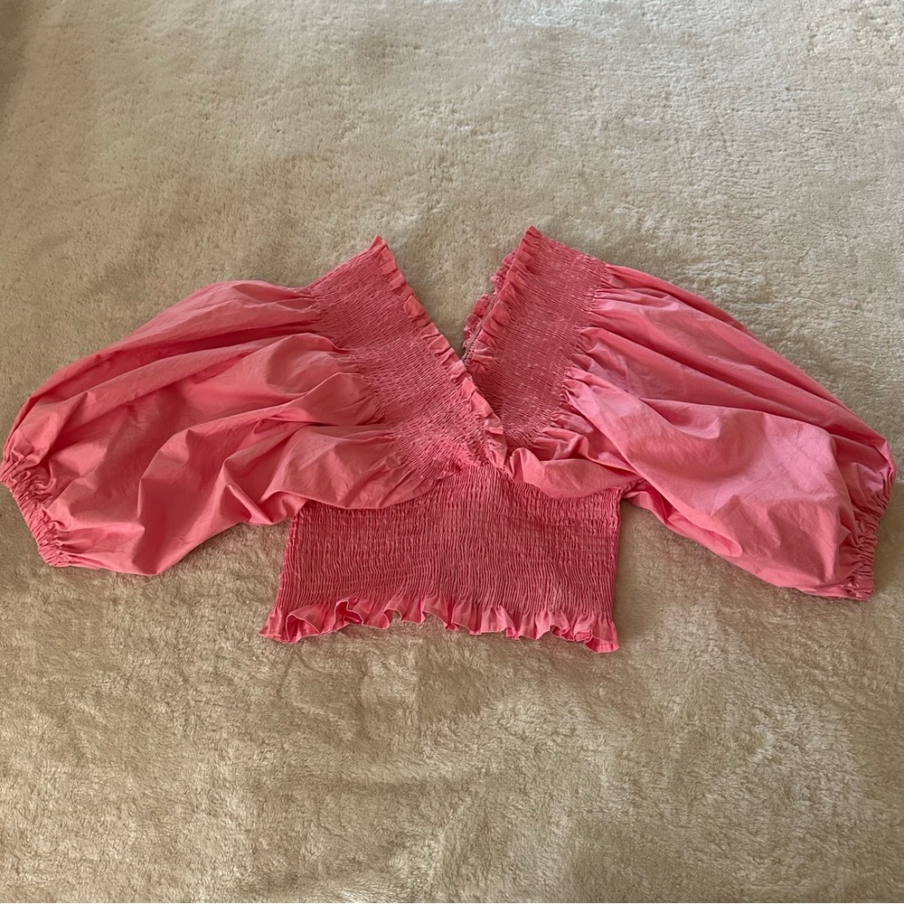 Pink Smocked Bubble Sleeve V Neck Blouse Size M/L